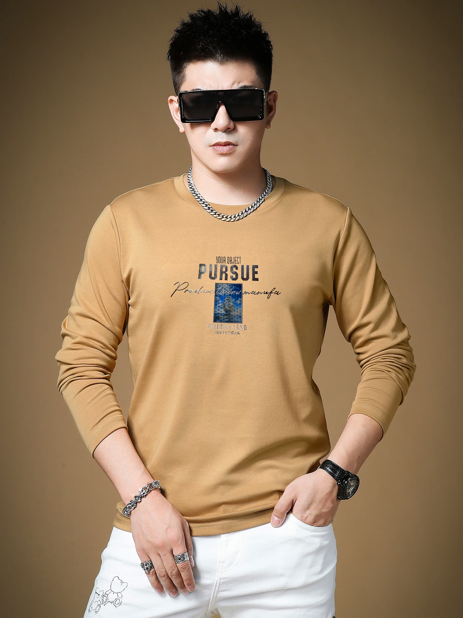 

Autumn Winter Men's Long Sve T-irt Faionable Base Layer irt round Ne Print Design Slim Fit Cotton Modal Spandex