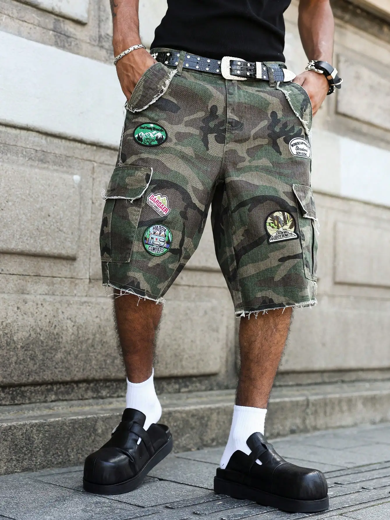 

Men's summer denim shorts. Camouflage - colored workwear patch denim shorts. Street fashion. Street retro hip - hop casual style