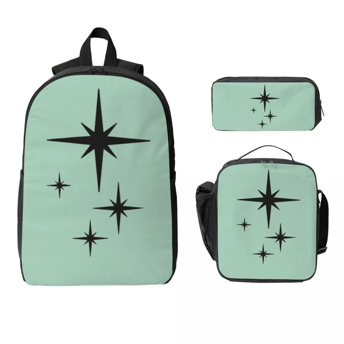 

1950s Atomic Age Retro Starburst In Mint Green And Black Backpack BookBag School Bag 3ps Insulated Lunch Bag Pencil Case