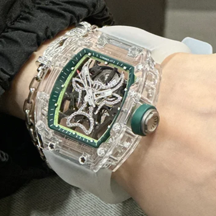CRONUSART Men Automatic Watch 50mm Tonneau Mechanical Wristwatch Sapphire Case & Mirror Luminous FKM Strap Skeleton Bull Dial