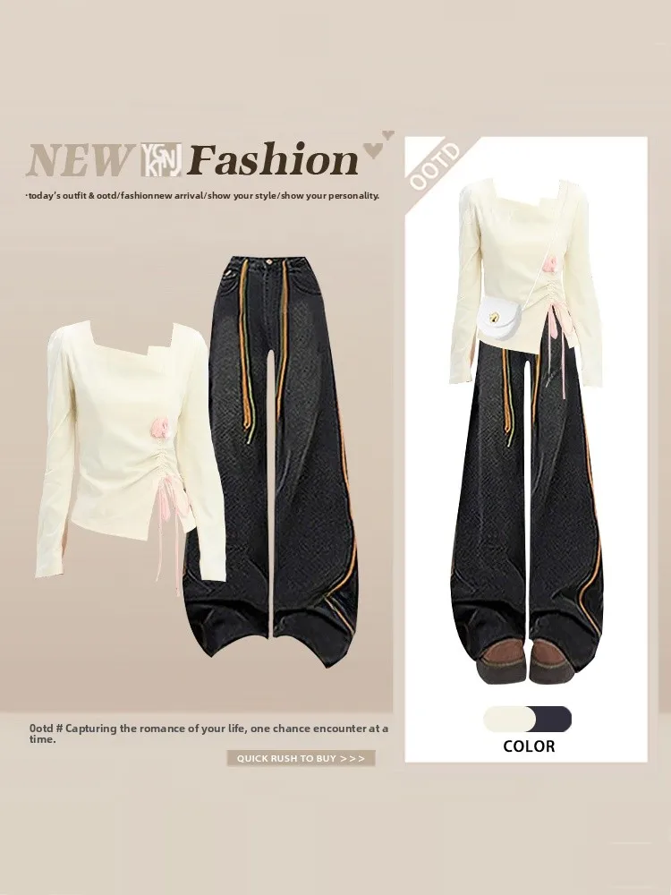 

Spring Pure Desire Apricot Flower Drawstring Pleated Square Collar T-Shirt Top Slim High Waist Wide Leg Two Piece Set Women's...