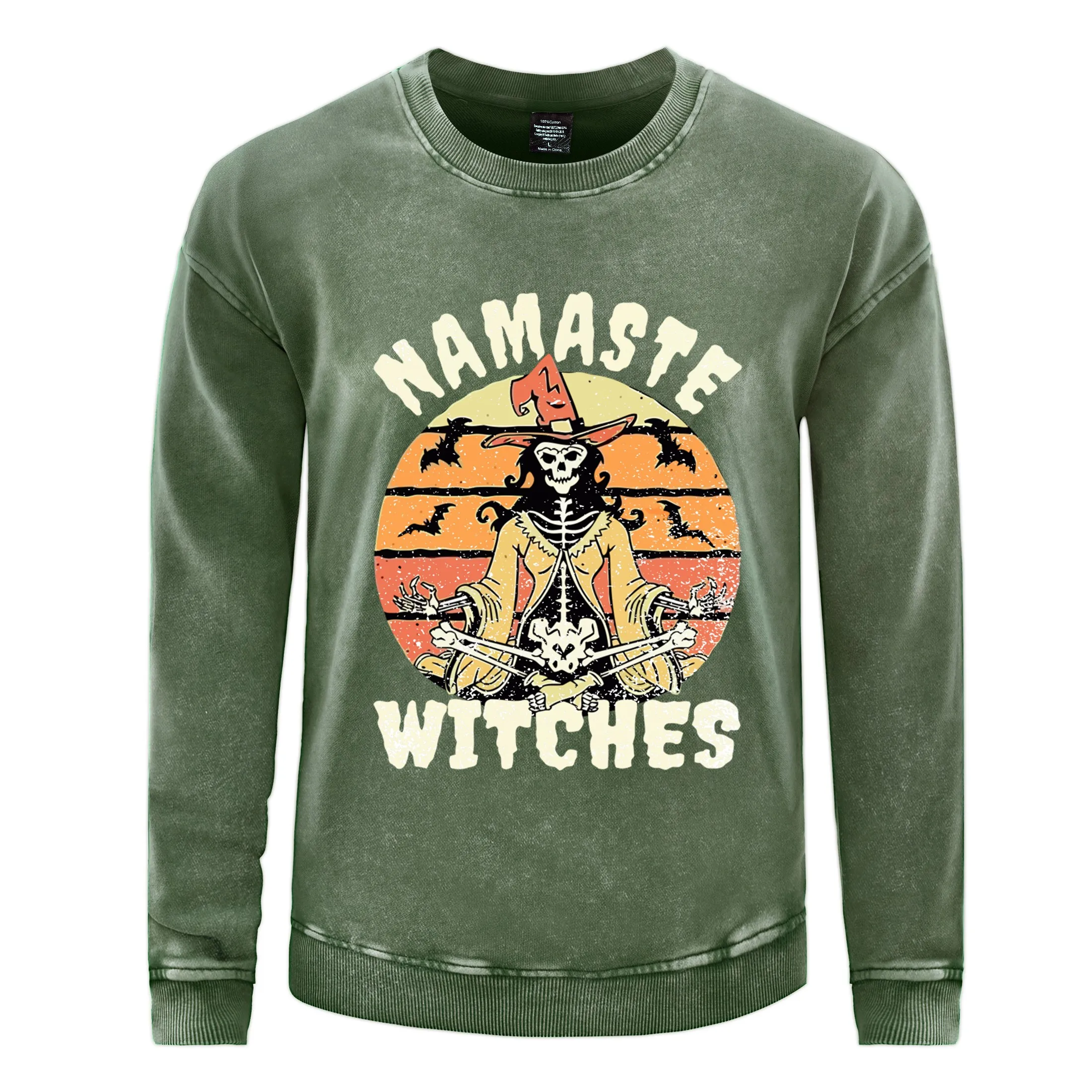 

Namaste Witches Print Mens Washed Cotton Sweatshirt Vintage Oversize Pullover Street Casual Hoodie Soft Couple Top