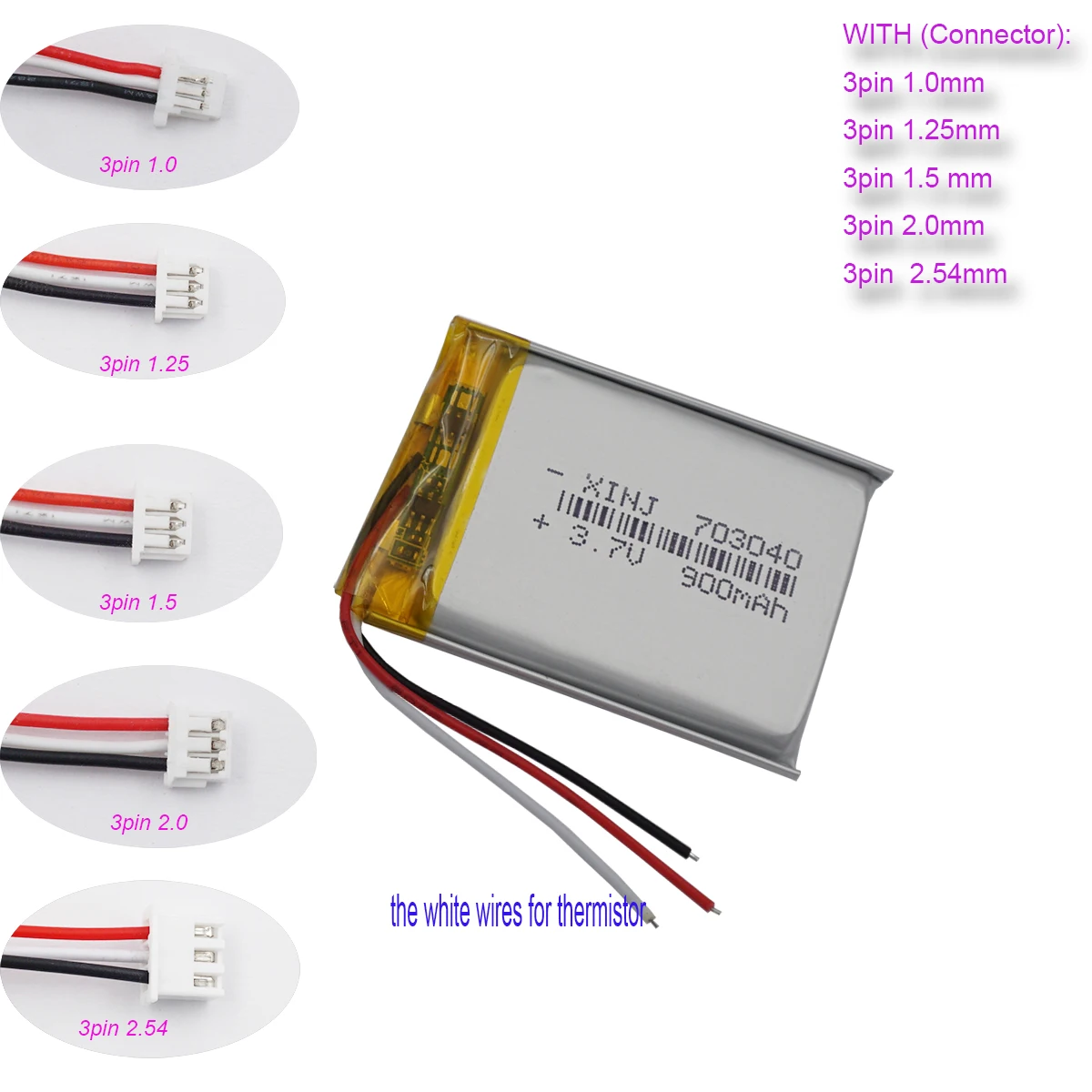 3.7V 900mAh 3.33Wh 703040 JST 3Pin NTC Thermistor Li-Polymer Replacement Li Lipo Rechargeable 3 Wires Battery For GPS Camera LED