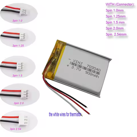3.7V 900mAh 3.33Wh 703040 JST 3Pin NTC Thermistor Li-Polymer Replacement Li Lipo Rechargeable 3 Wires Battery For GPS Camera LED