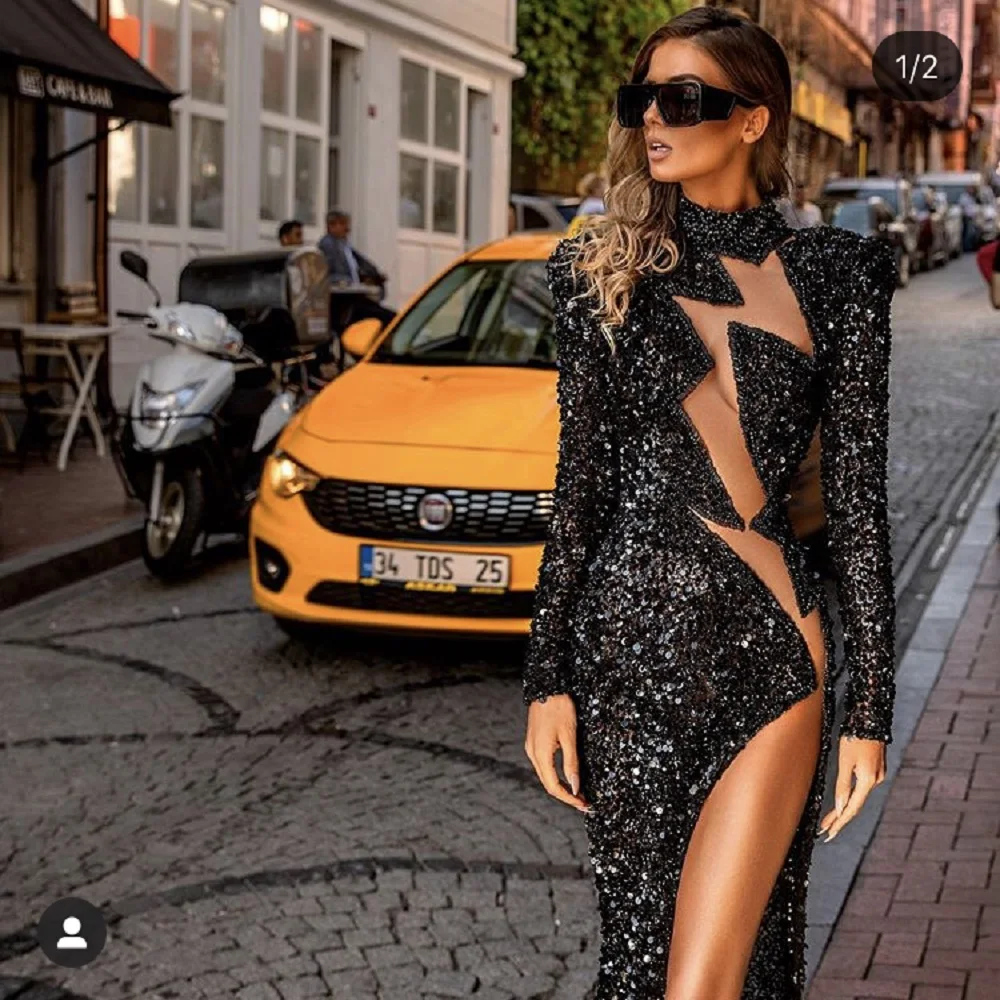 Black Lace Diamond Embellishment Sexy Split High Neck Long Sleeved Women's Dress with Chic Elegant Buttocks Wrapped Skirt 2023