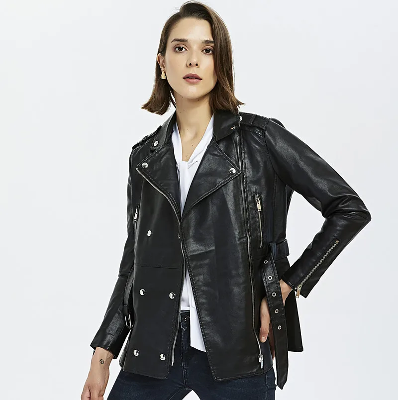 Veste de moto en cuir PU pour femme avec fermeture éclair, coupe-vent mi-long avec ceinture, coupe ajustée, double boutonnage, mode automne, N