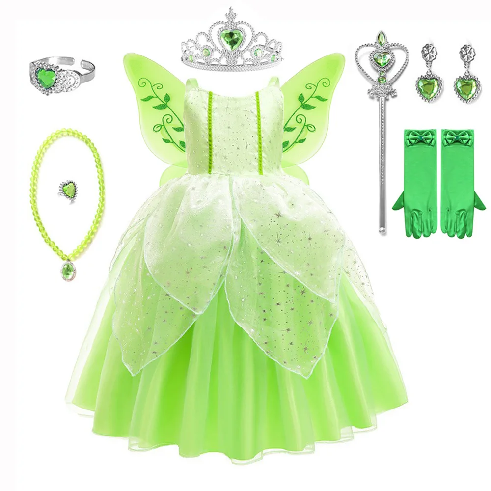 Kids Princess Dress for Girls Fairy Costume Green Performance Gown Children's Fairy Tale Theme Party Wear Little Elf Outfit