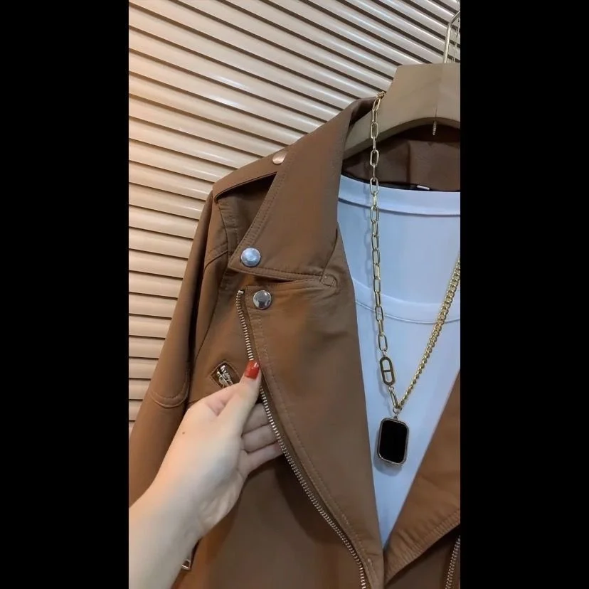 

Biker Jackets Womens Jacket Hollow Autumn Cowgirl Cowhide Belted Buckle All-Match Outdoors Durable American Style Classic Casual