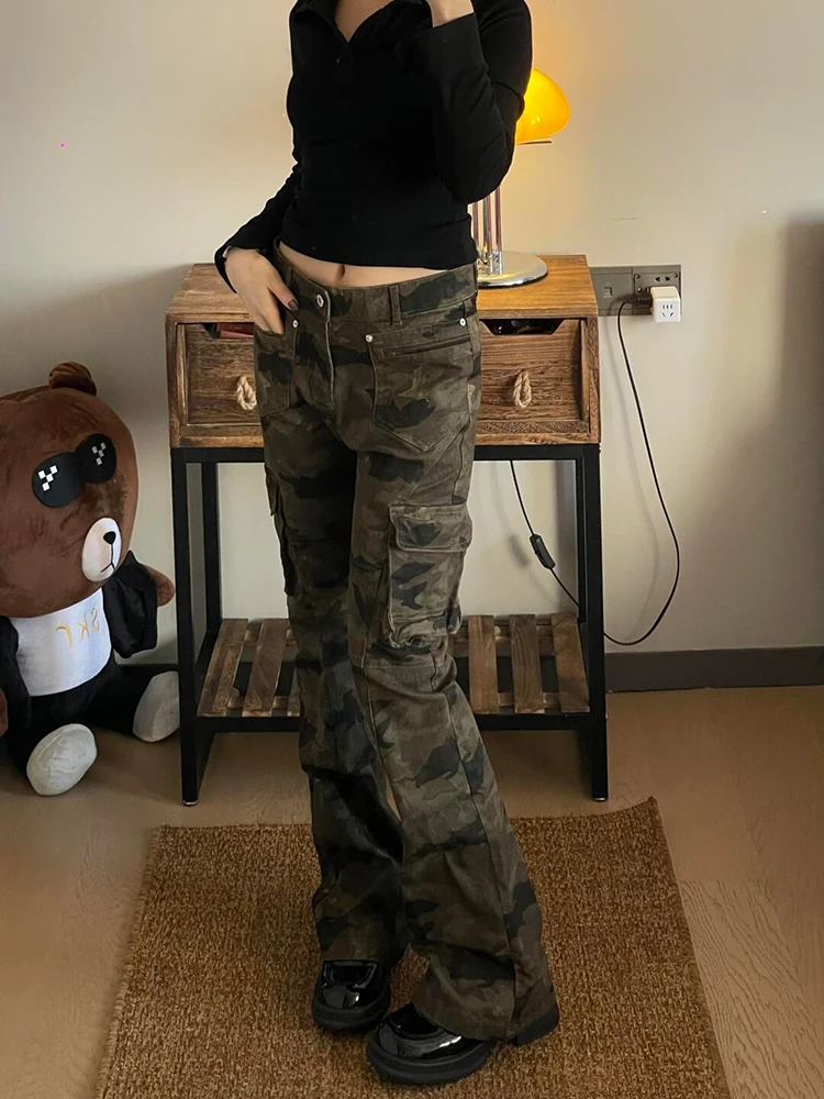 Pantalon en jean de travail américain à taille basse pour femme, coupe slim, camouflage, leggings droits, automne-hiver, petite taille, évasé...