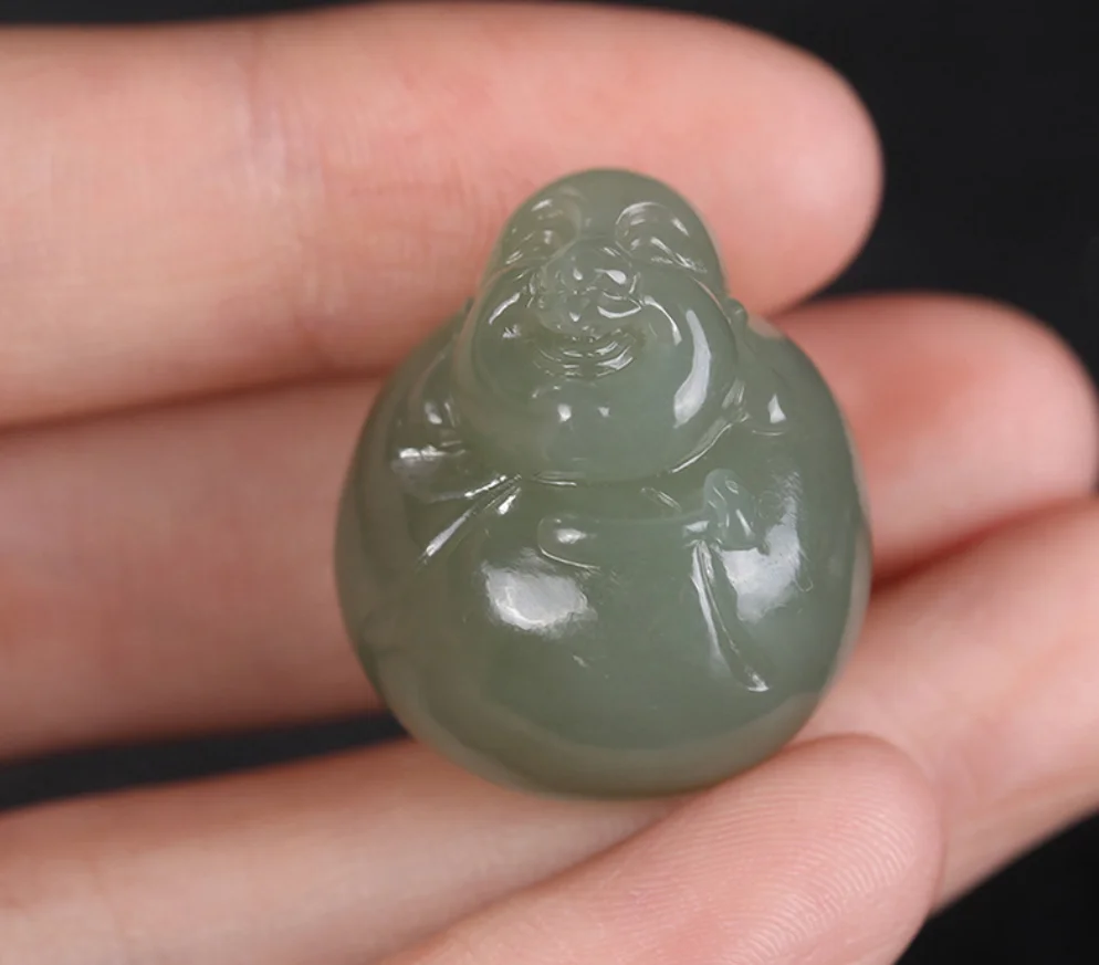 Fine Jewelry Natural Hetian Nephrite Jade Qinghai Lianghu Lake Green Handmade Carving Laughing Buddha Pendant for Men and Women