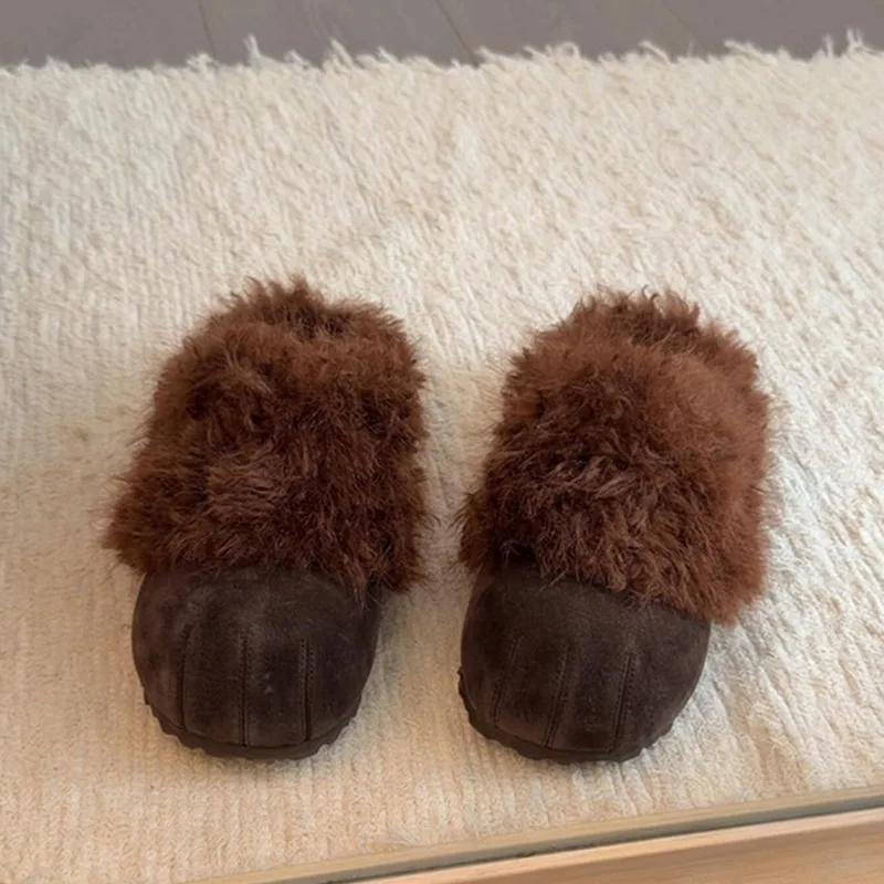 Zapatillas de Mujer con Pelo, Mules de Piel Sintética con Punta Redonda, Zapatos de Gamuza con Ribete de Pelo Rizado, Sin Cordones, Suela Gruesa, Cálidas, Pantuflas de Invierno 2026, Zapatos Casuales de Moda