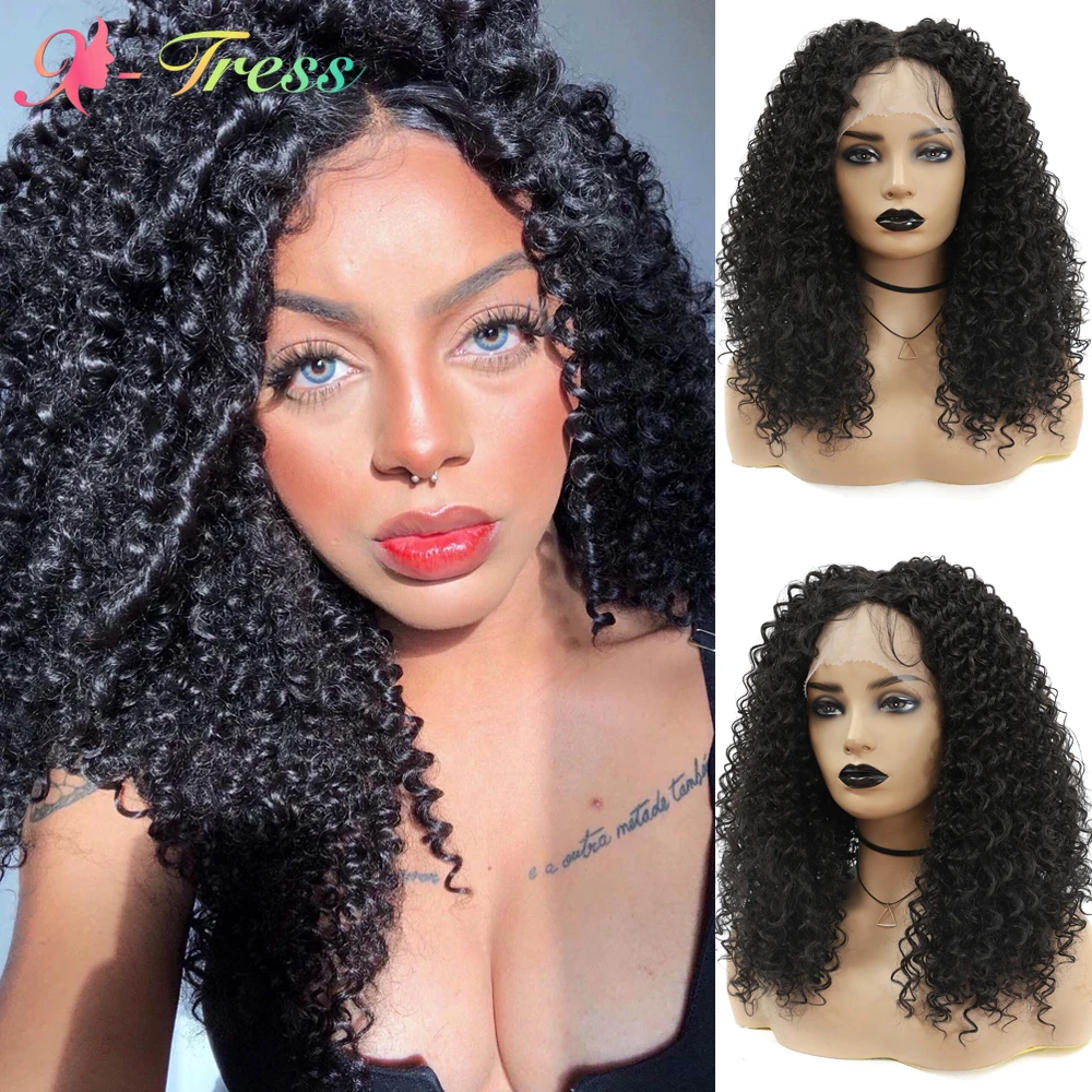 X-TRESS Synthetic Curly Lace Front Wig With Baby Hair Brown Color Fluffy Deep Curly Middle Part Daily Hair Wigs for Black Women