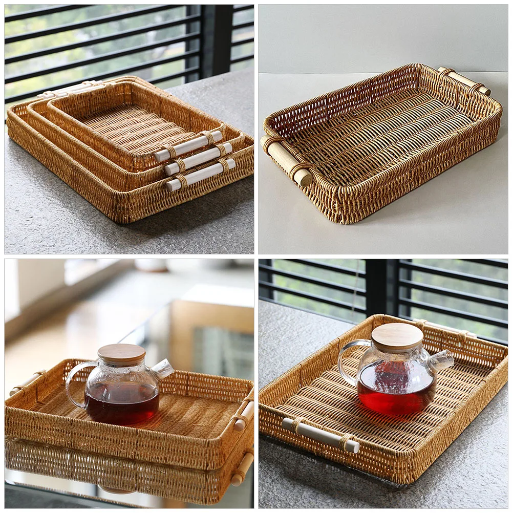 

Sturdy Imitation Rattan Bread Fruit Storage Tray Non-Skid Kitchen Accessory Household Plastic Basket Multi-Function