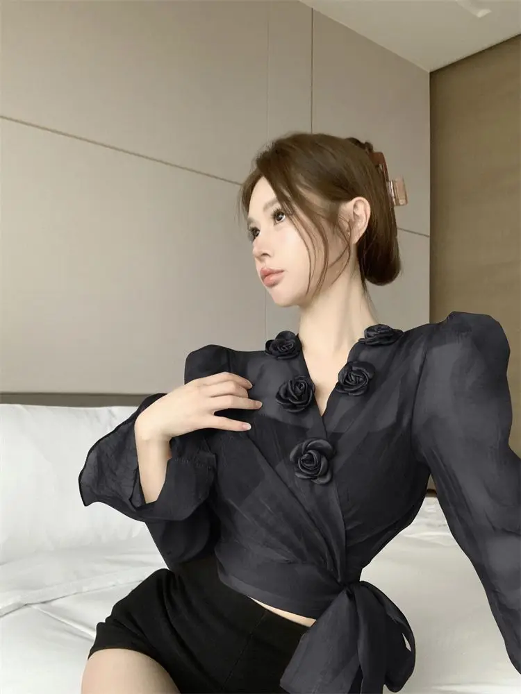 French Retro Three-dimensional Flower Lace-up Waist Shirt Early Autumn Mesh Versatile Chic Top for Women