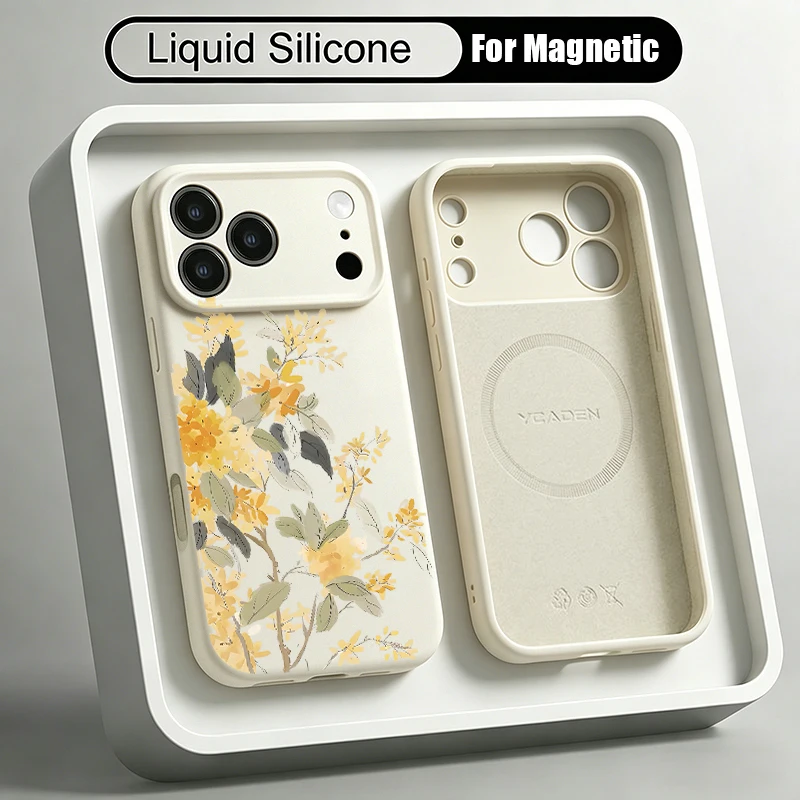 

Oil Painting Flower Liquid Silicone Magnetic Phone Case For iPhone 17 16 15 14 13 Pro Max For Magsafe Shockproof Soft Back Cover