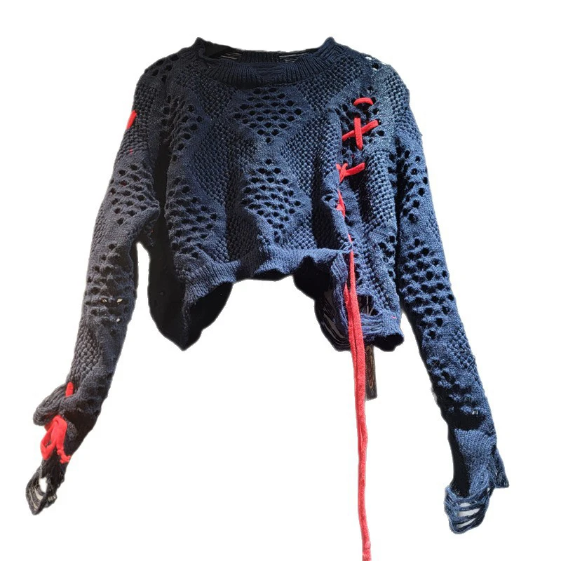 WTHT العصرية المرأة التباين اللون متماسكة الجوف خارج سترة قصيرة 2025 الخريف موضة س الرقبة طويلة الأكمام البلوفرات الإناث 1LS2584 #6