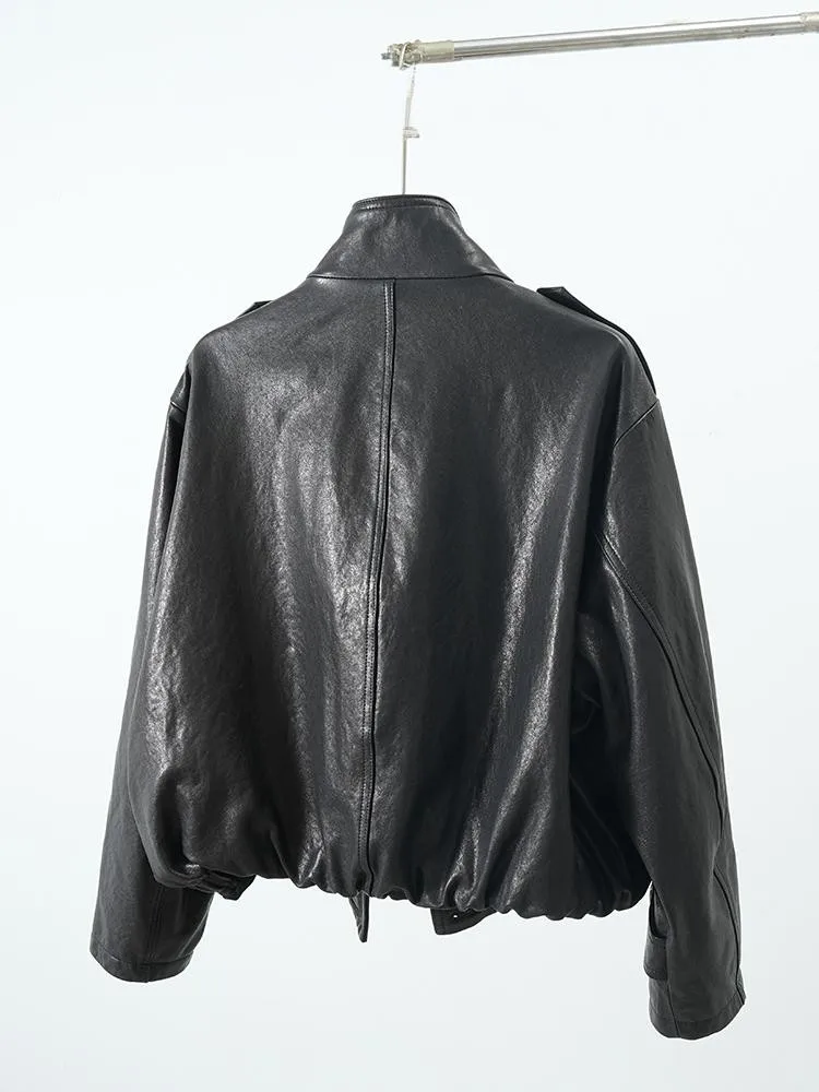 Giacca da donna in vera pelle con bottoni neri stile High Street Tasca alla moda Comodo capispalla corto in pelle di pecora a maniche lunghe