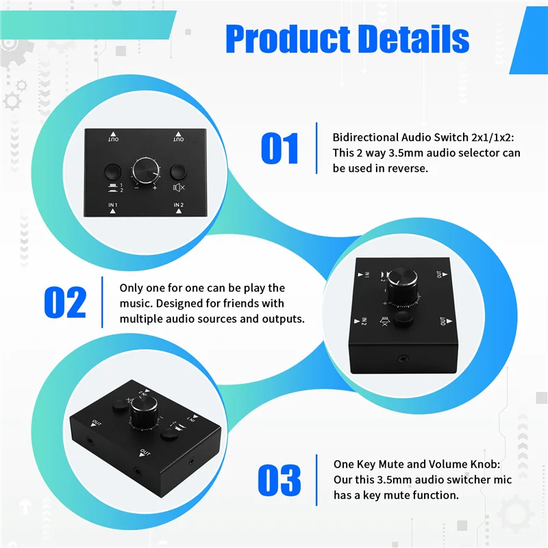 كامل الصوت التبديل الصوت التبديل الفاصل مع 3.5 مللي متر جاك الصوت التبديل 2 المدخلات 1 الناتج التناظرية ستيريو Aux التبديل الصوت سبليت