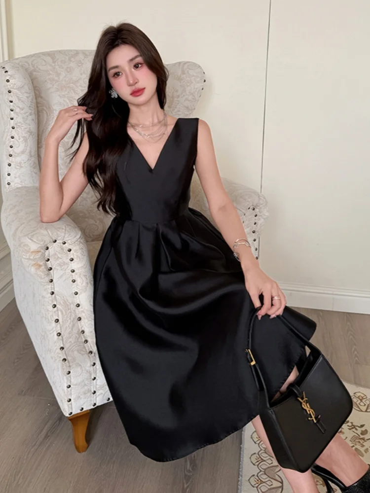 SMTHMA فستان صيفي جديد أسود مثير برقبة على شكل حرف v من الساتان الراقية للنساء بخصر نحيف بدون أكمام للحفلات