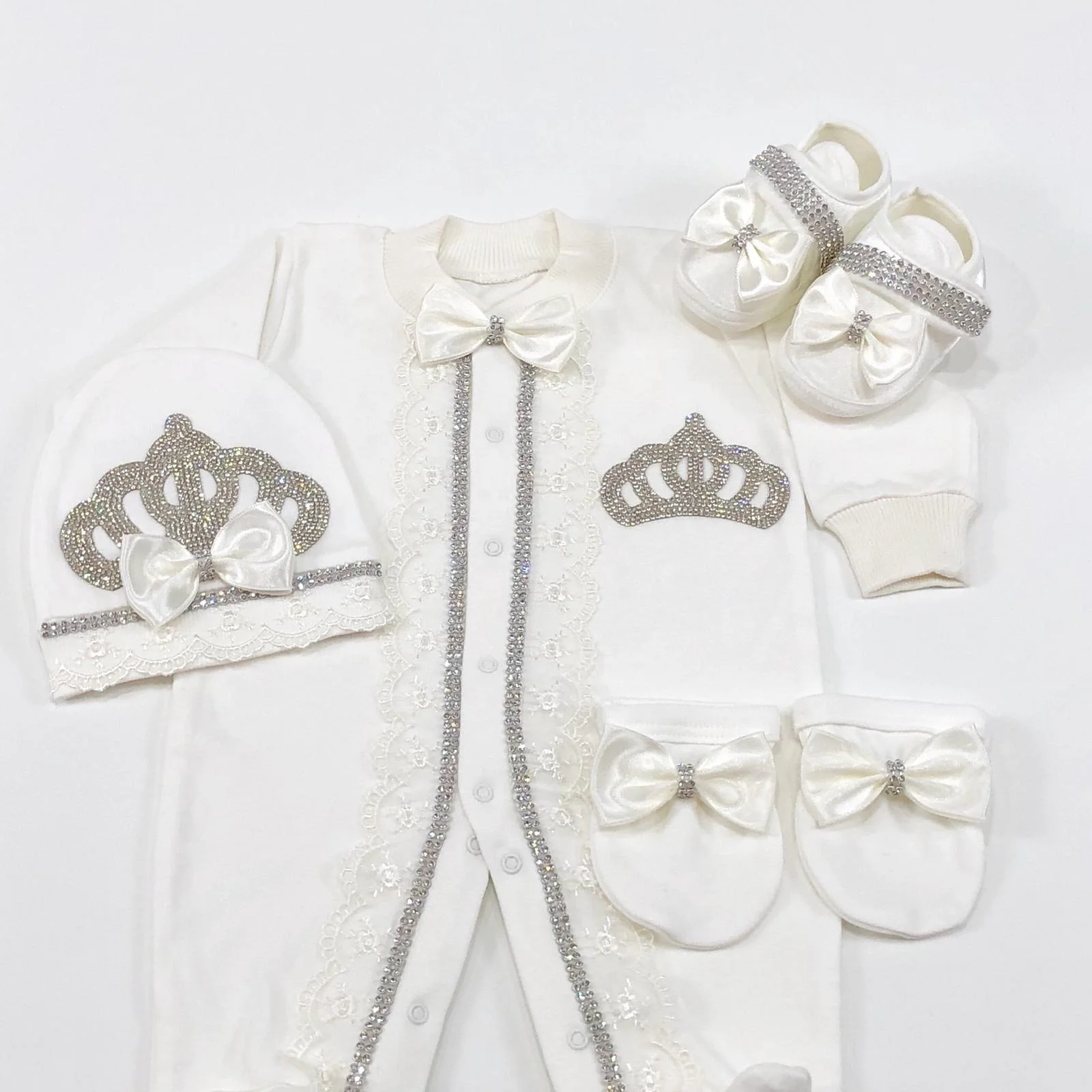 高級ベビー服-プリンセスロンパース-0-9ヶ月-4点セット-純白-シルバーグリッター-クラウンレーストリム-サテンリボン付き-足つきジャンプスーツ