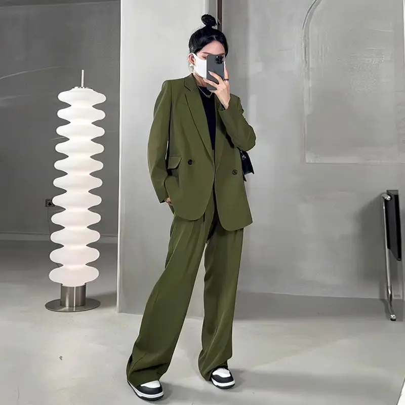 Lnsozkdg 2024 Spring Autumn Pants Sets Women Green Color Loose Office Lady Blazer + Wide Leg Pants Two Piece Set Suits Hot Sale