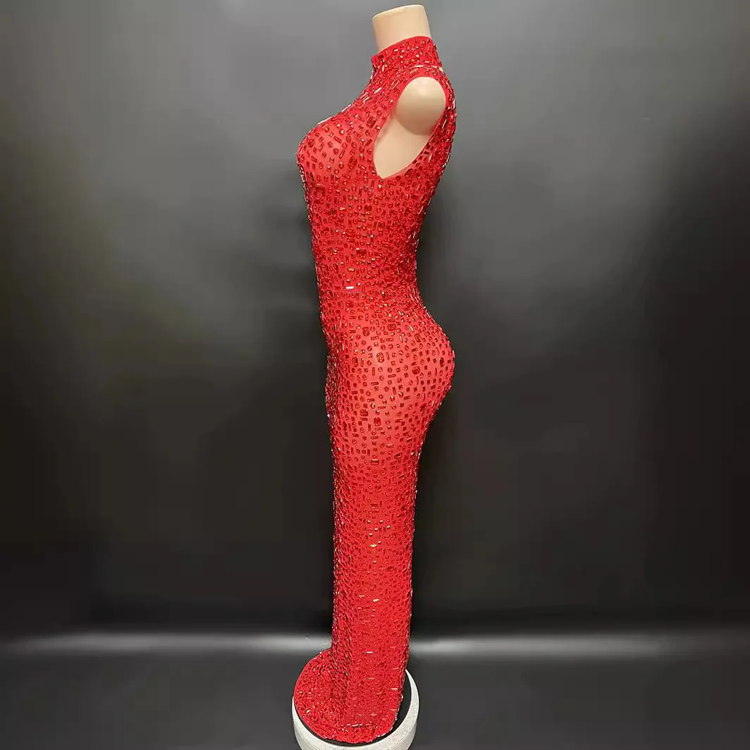 Red Temperament Full Diamond High-End Hip Wrap Sexy Rear Split Slim Sleeveless Long Host Stage Dress Crystal Embellished Dresses