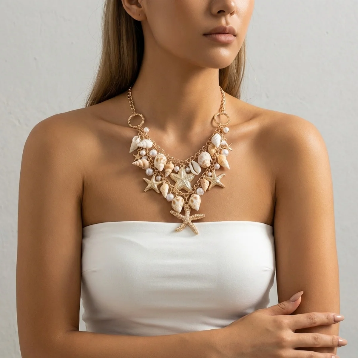 Seestern-Imitation Muschel-Perlen Halskette Armband Taillenkette Set für Damen und Herren Seestern Strand Urlaub Schmuckset – Detail 5