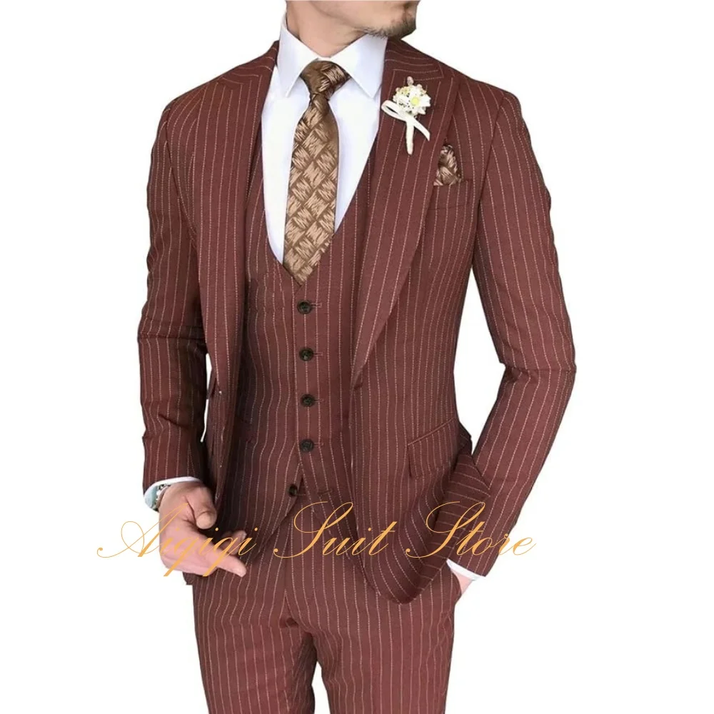 

Formal Stripe Suits for Men 3 Piece Slim Fit Single Breasted Pinstripe Blazer Vest Pants Set Wedding Prom Business Men Suits