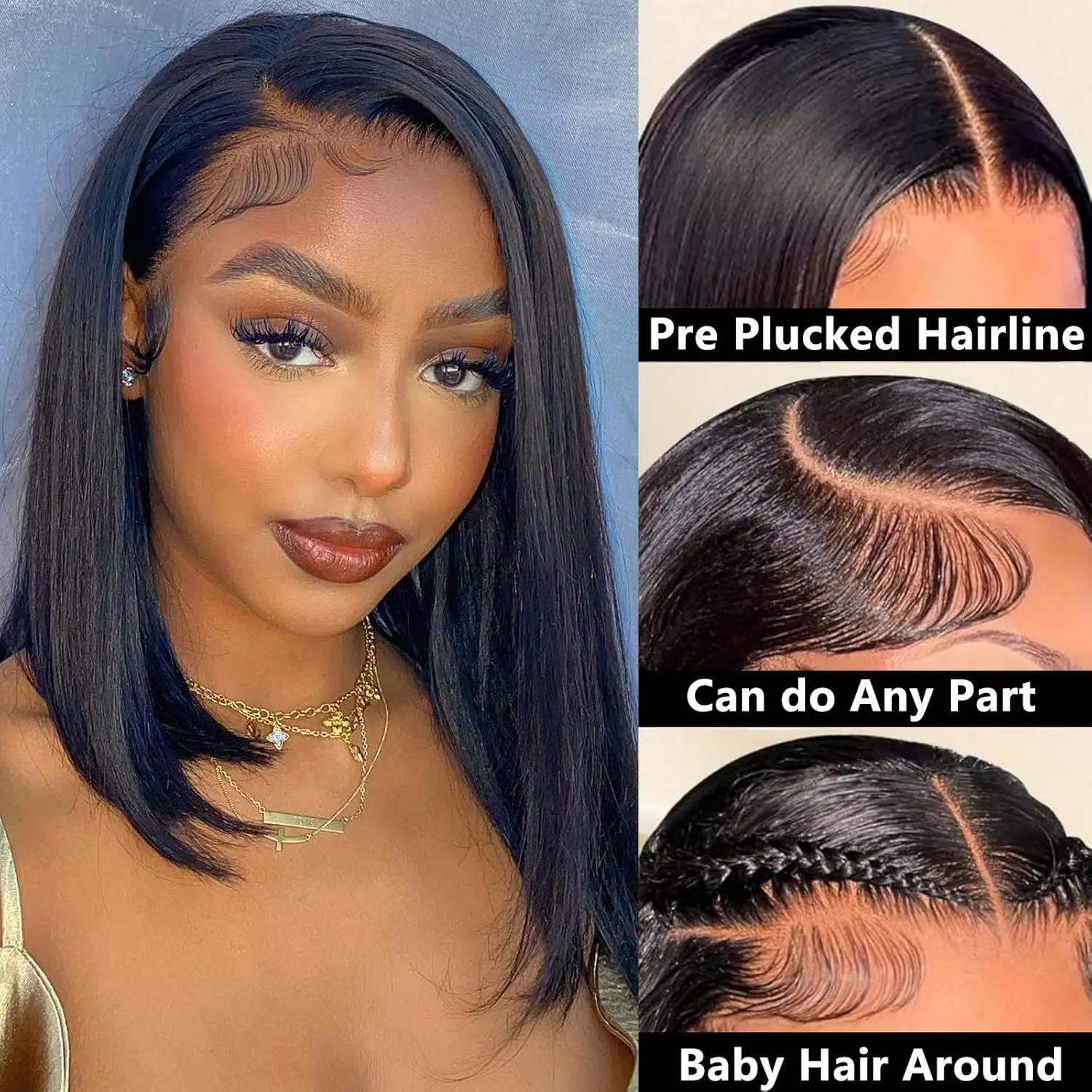 

13X4 Lace Front Wigs Human Hair Pre Plucked 220% Density Short Straight Bob Lace Frontal Wigs For Women Natural Black Color