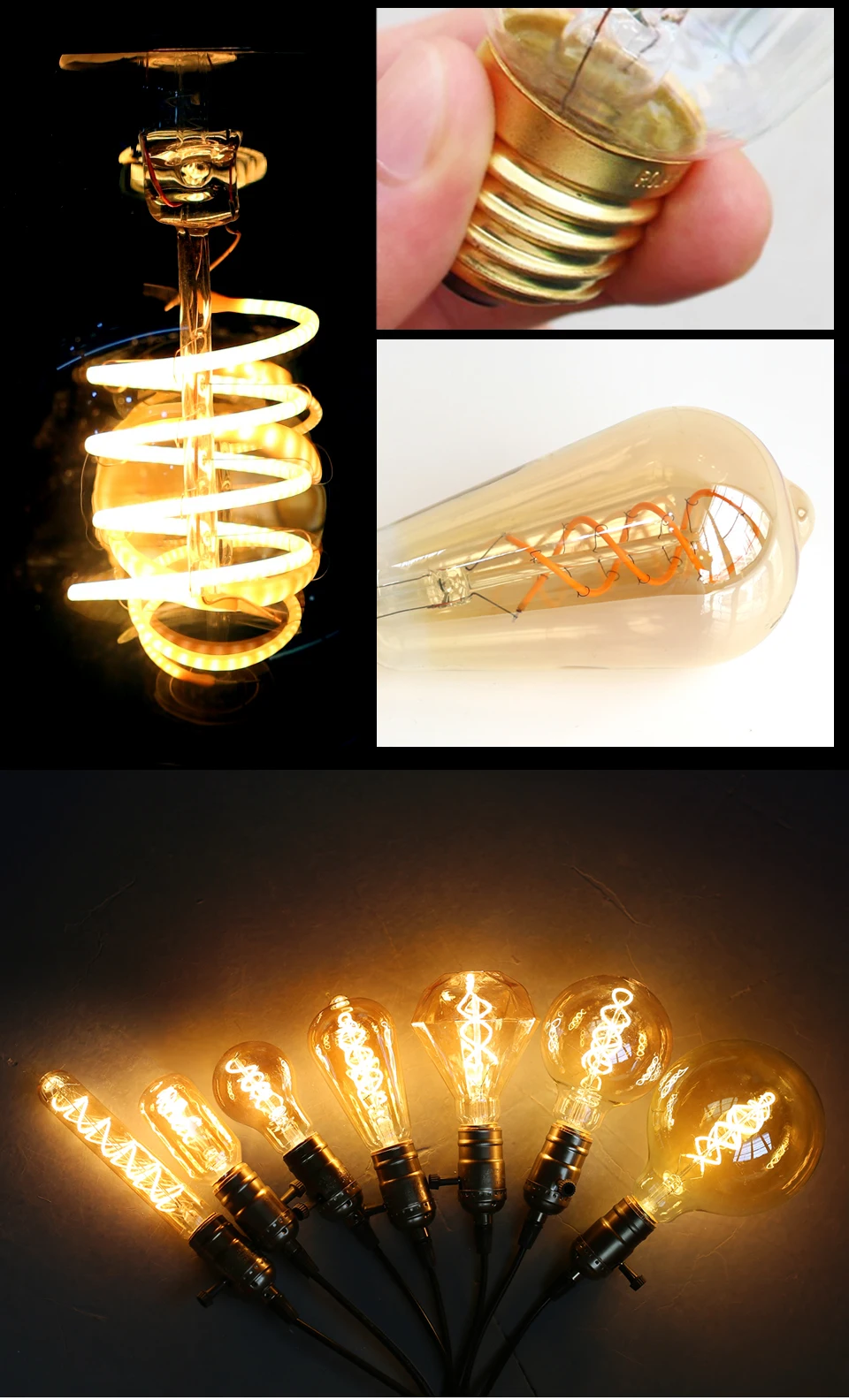 E27 LED-Glühfadenlampe 220V 4W A60 ST64 T45 T185 G80 G95 G125 Retro Vintage Ampullen LED Edison Lampe Spiralbirne für Zuhause – Detail 6