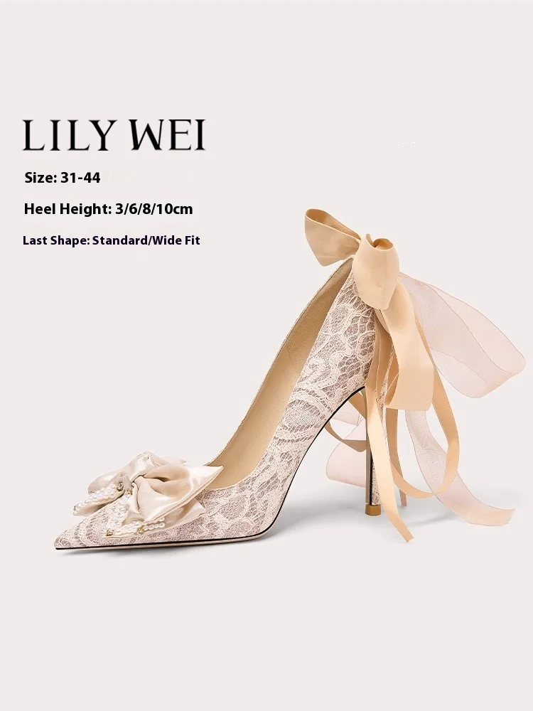 

Stiletto-heeled spring new shallow lace mesh pearl bow single shoes banquet large size small size widened version women's shoes