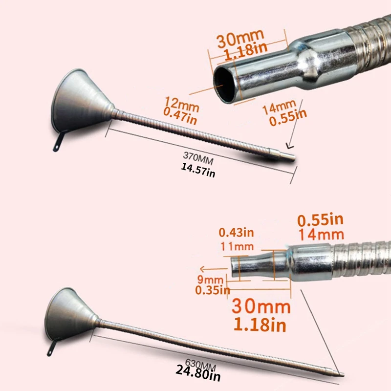 Funil universal do ferro do carro, funil pequeno da boca, funil do metal com ponta do Flex para o fluido da transmissão do óleo do motor