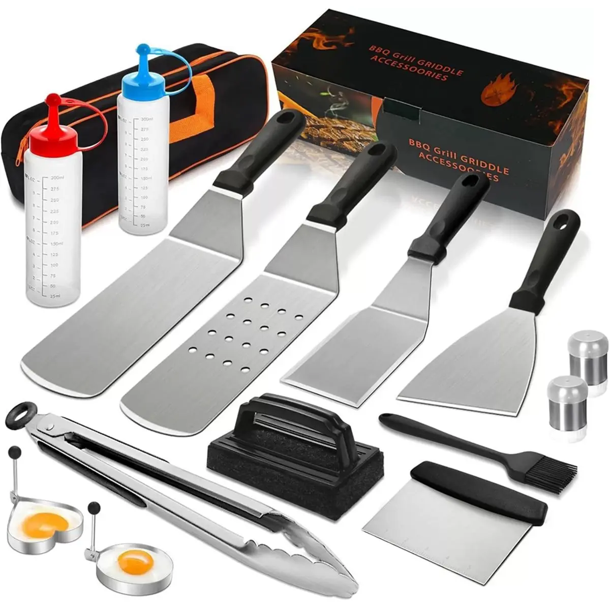 L70A 15Pcs Griddle BBQ Accessories, Professional Stainless Steel Barbecue Utensils Set with Burger Press, Spatulas, Egg Rings