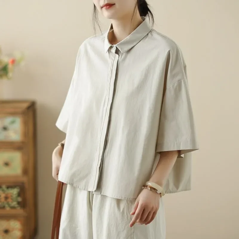 Casual Women Summer Cotton Shirt Lapel Half Sleeve Loose Minimalist Solid Blouse