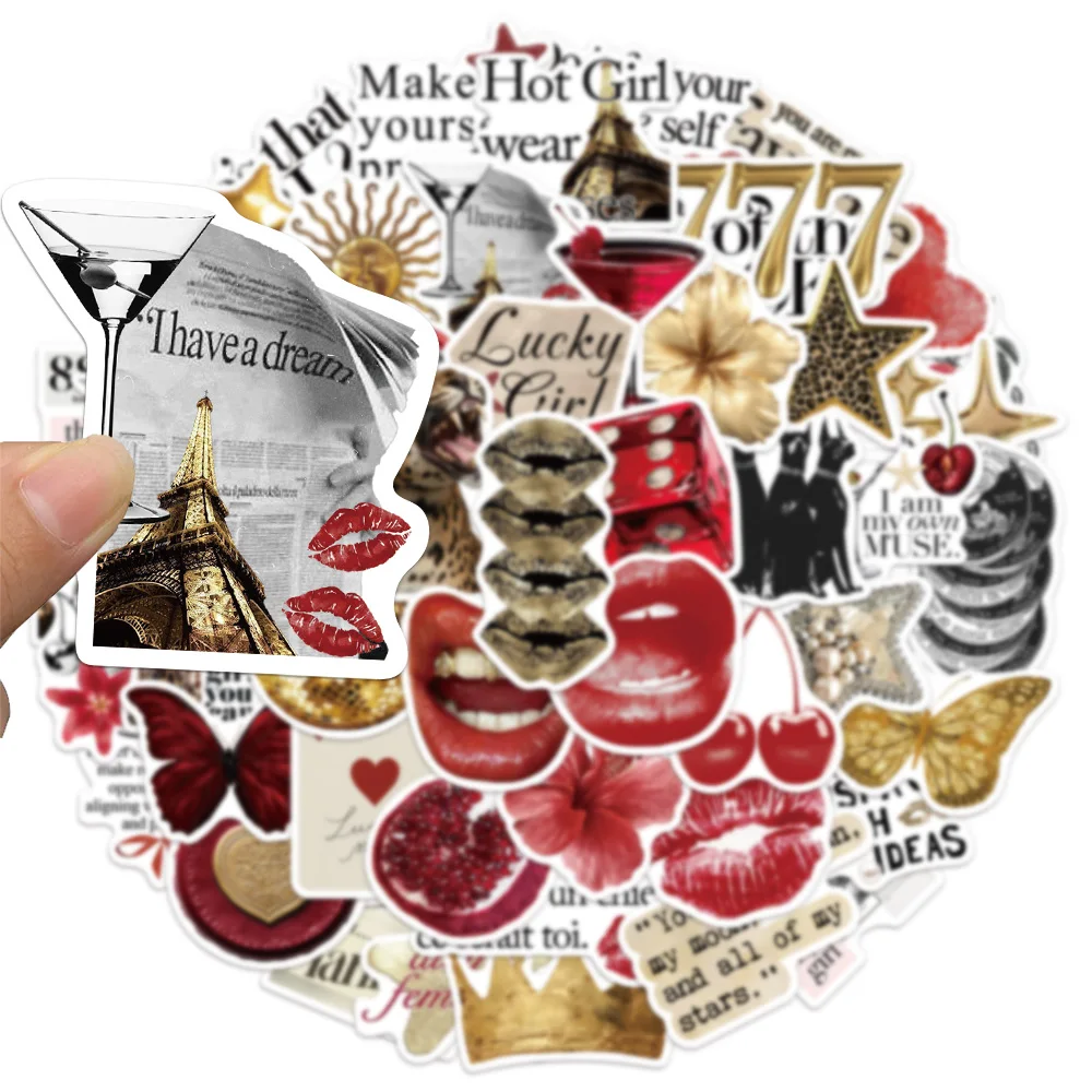 50PCS Gold&Red Series Sticker Set DIY Phone Case Laptop Guitar Computer Decoration Waterproof Stickers