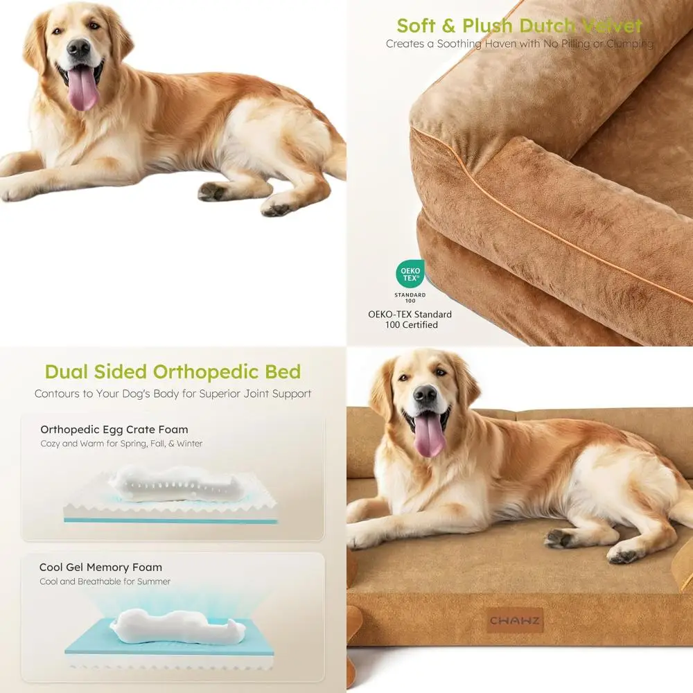 

Orthopedic XL Dog Bed with Cooling Gel Foam, Waterproof & Removable Cover, 42 Dutch Velvet Sofa, Bone Toy, Brown