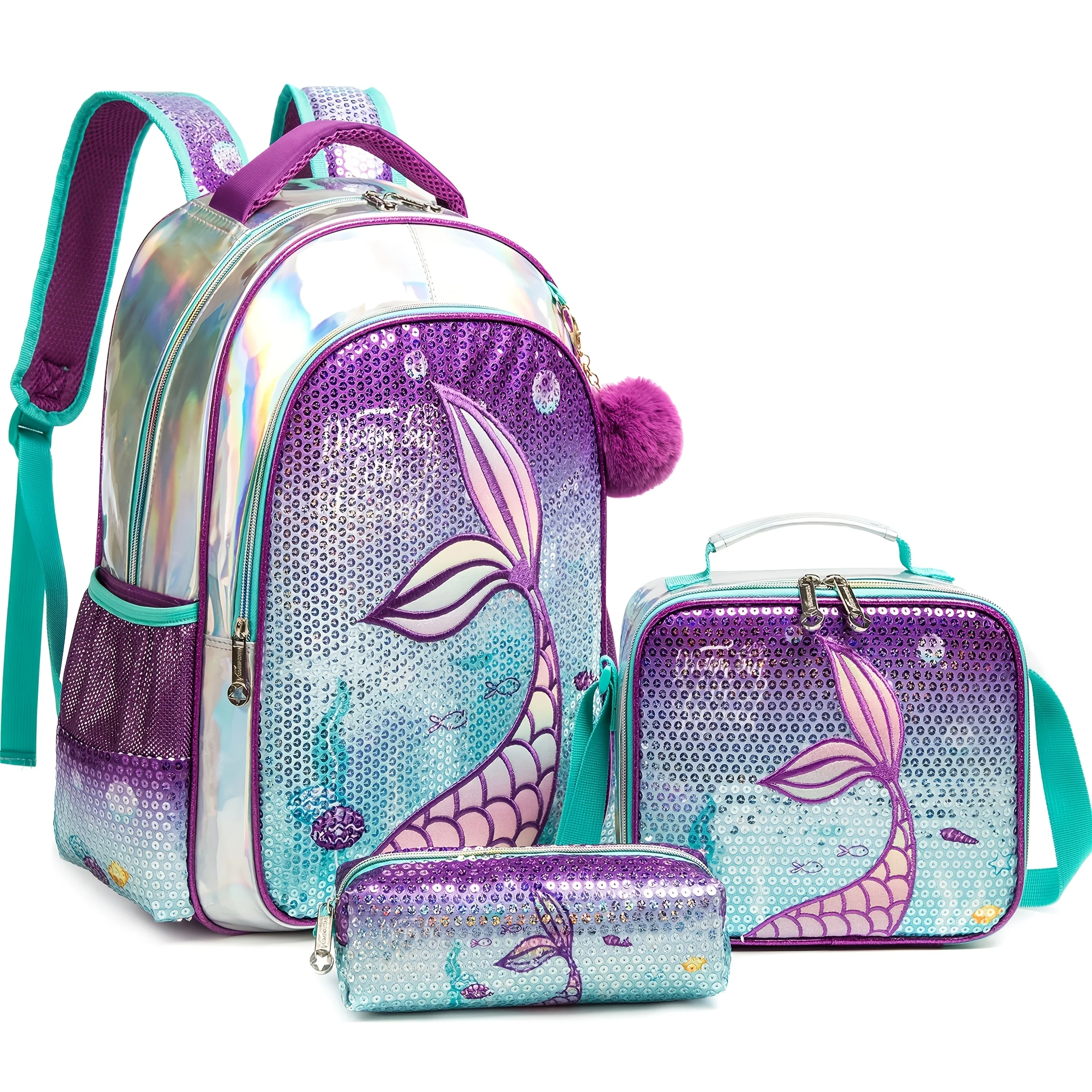 

3PCS Backpacks for Girls Mermaid School Bags for Elementary Students Kids Large Capacity Backpack Set with Lunch Bag for School