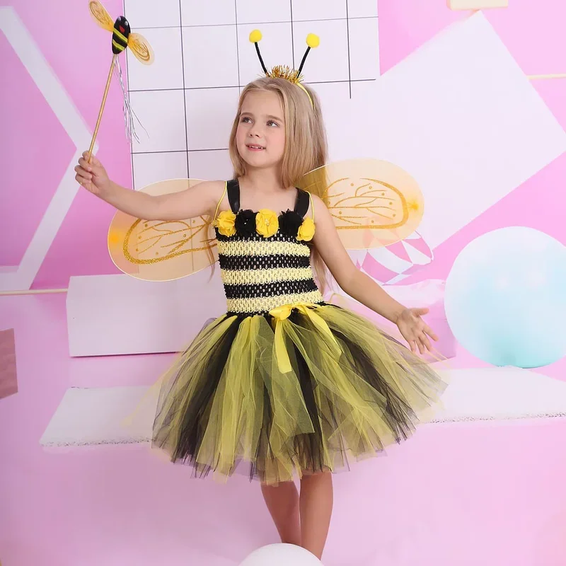 Disfraz de abeja amarillo bonito, vestido de tul con ala, varita mágica, diadema, conjunto de accesorios para niñas y niños, vestido de carnaval, Cosplay, cumpleaños @ 0Z *