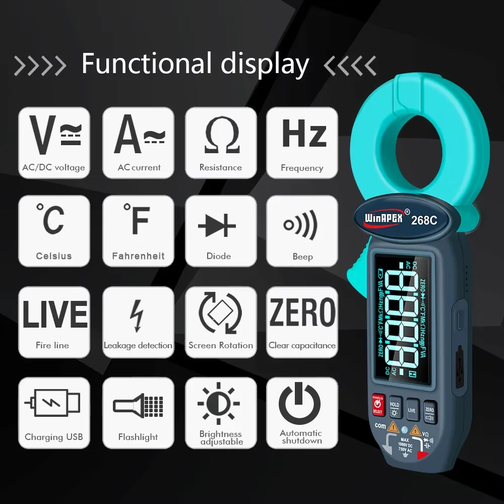 WinaPEX 268C 0,01 мА Высокоточные клещи переменного тока 100 А Тест тока утечки Литиевая батарея Цифровой мультиметр Инструмент для электрика