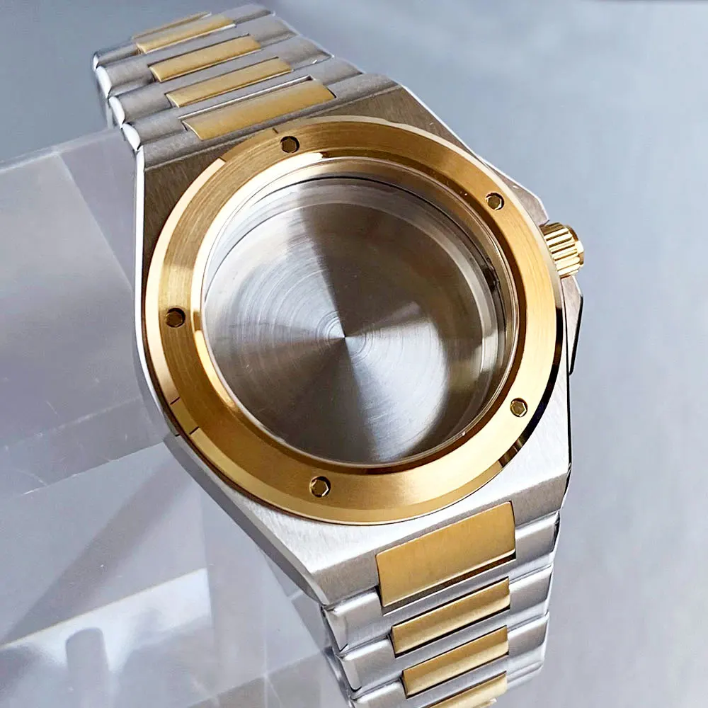 

20ATM Waterproof 40mm Two Tone Gold Sapphire Glass Diver Watch Case Fit NH35 NH36 NH34 Movement Men Watch Part Steel Bracelet