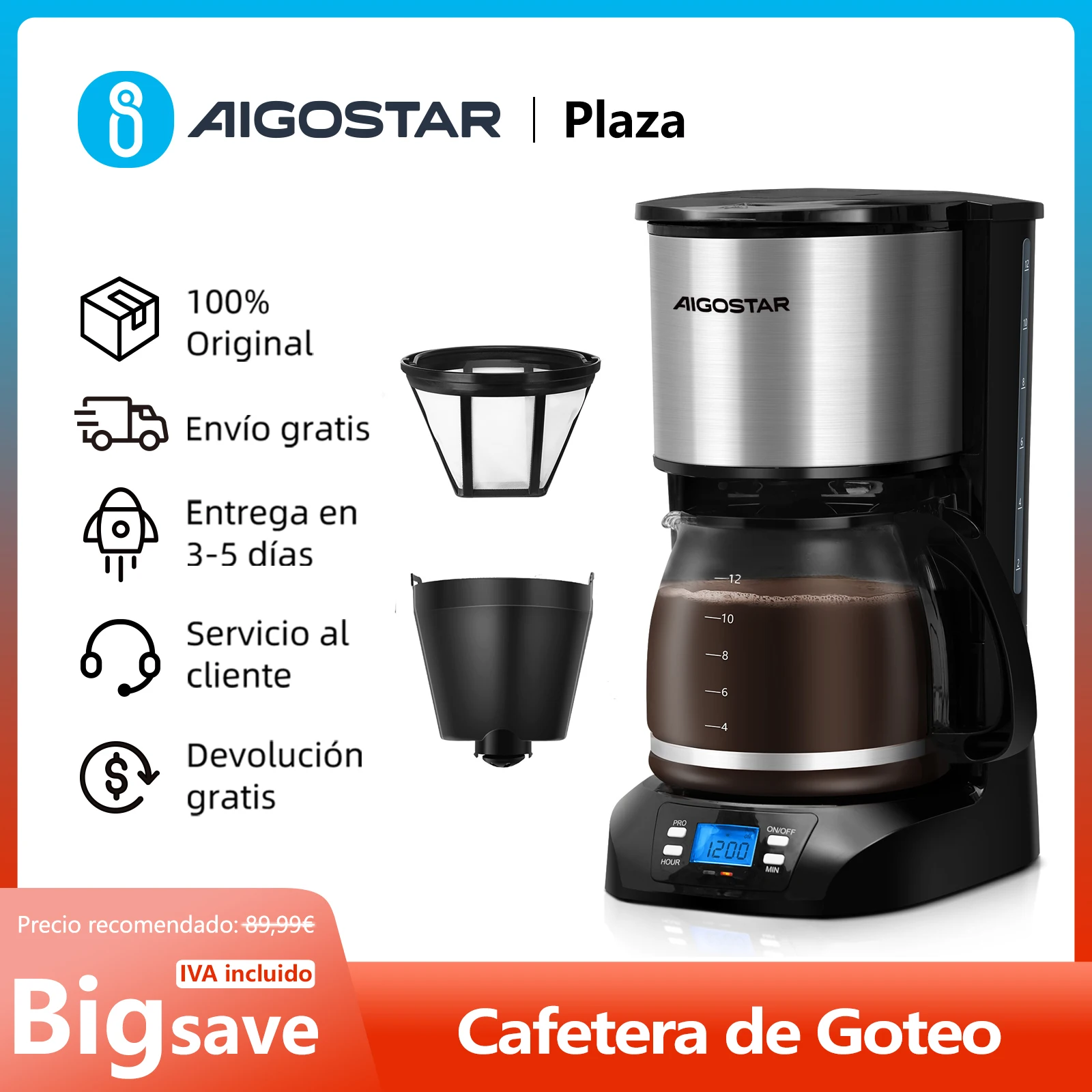 Cafetera de Goteo Eléctrica, con Filtro Reutilizable, Pantalla LCD, Programable 24 H, Auto Apagado, Capacidad 12 Tazas, 950W