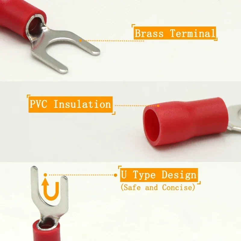 100 Stuks Sv Type Draad Lente Terminal SV1.25 SV2 Vork U Y Pvc Isoleren Adereindhulzen Blok Spade Koude Druk Kabel end Crimp Connector