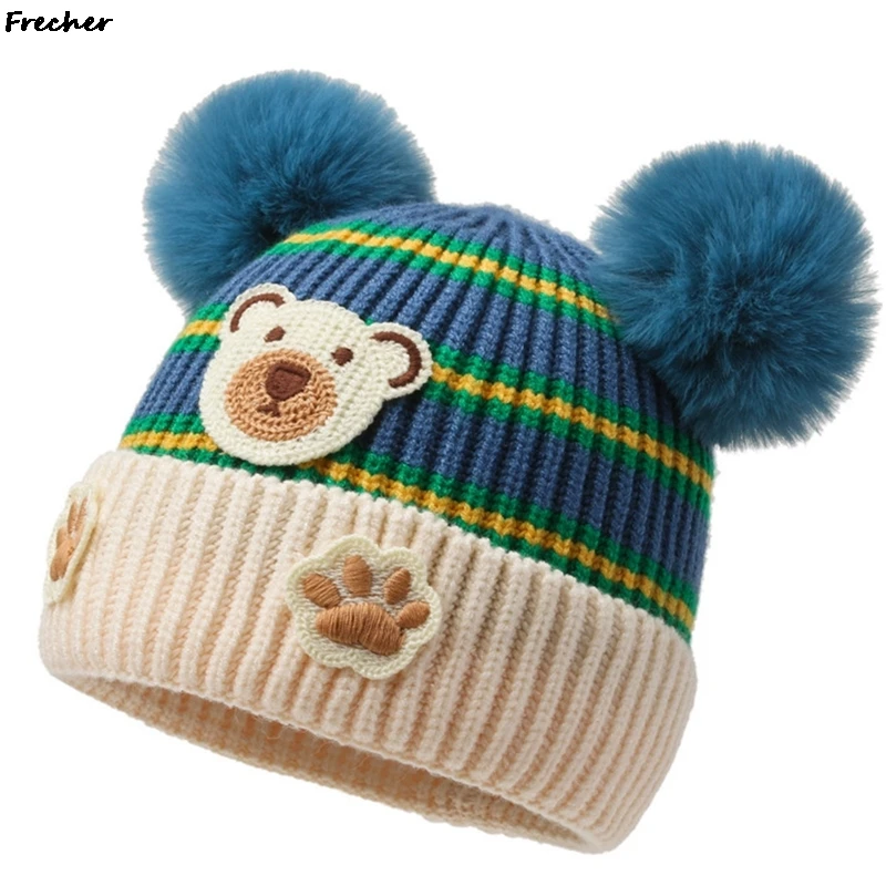 Winter Warm Headwear Girls Boys Elastic Casual Beanies Caps Double Hairball Baby Soft Hats Cute Bear Knitted Hat Comfortable