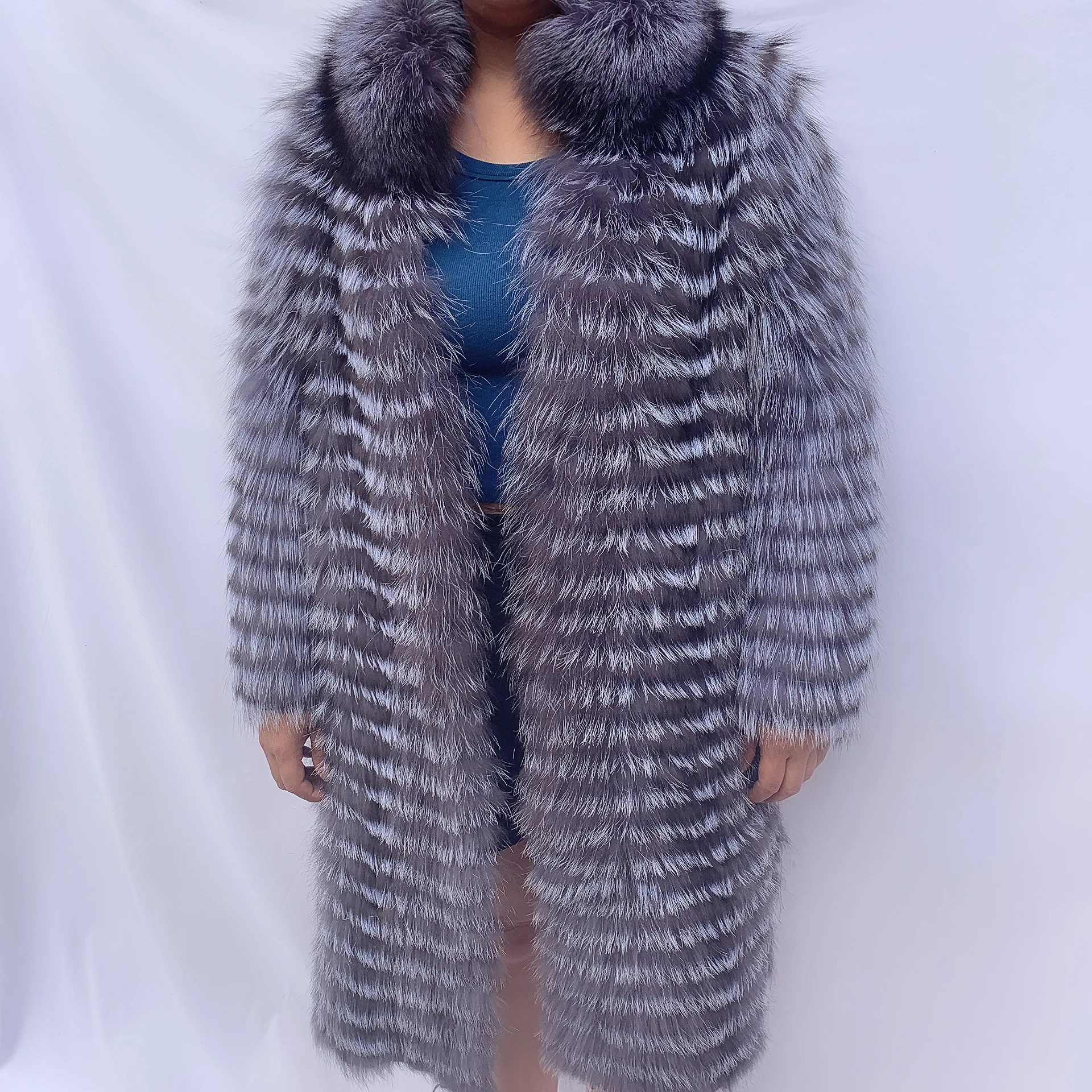 Natural silver fox fur knitted car strip fox fur coat green real fur knitted row strip fur coat stand-up collar fashion jacket