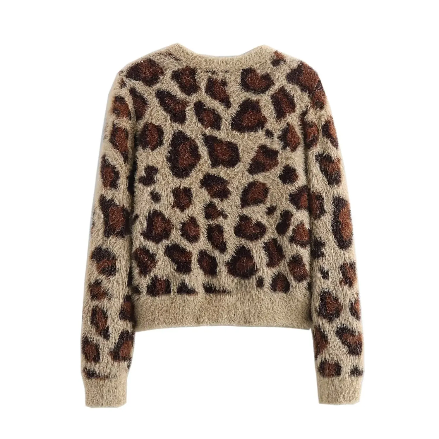 JACQUARD FAUX FUR KNIT CARDIGAN traf winter new leopard print jacquard skin-friendly knit short round neck cardigan for women