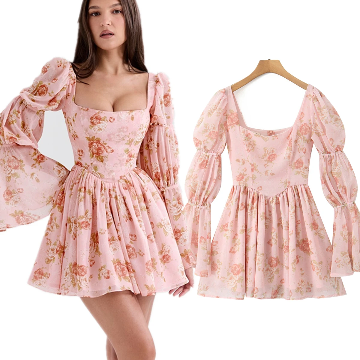 

Jenny&Dave 2024 French Countryside Style Retro Autumn Flare Sleeve Dress Printed Square Neck Elegant Mini Dress Women