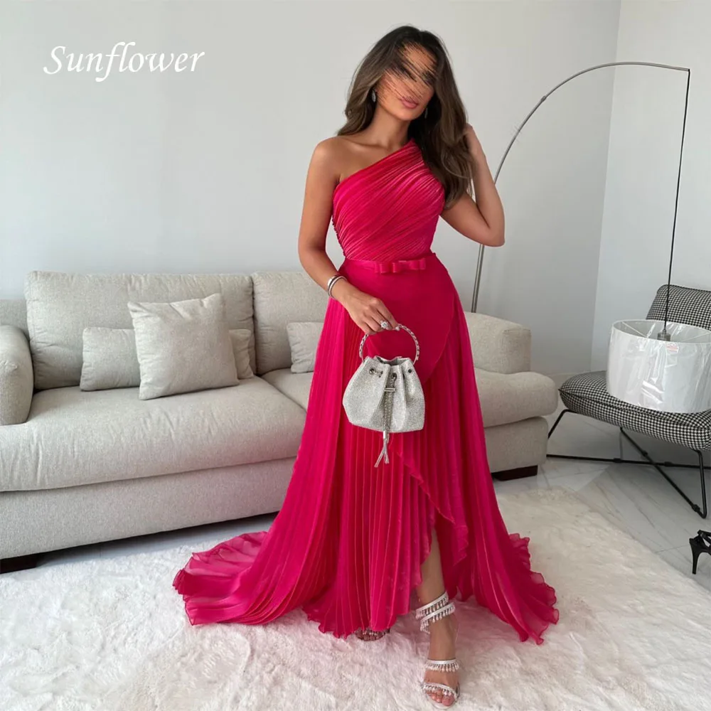 

Sunflower One-Shoulder Prom Gowns Split A-LINE Evening Dress Slim Pleat Chiffon Party Dress 2023 Floor-Length High-end Custom