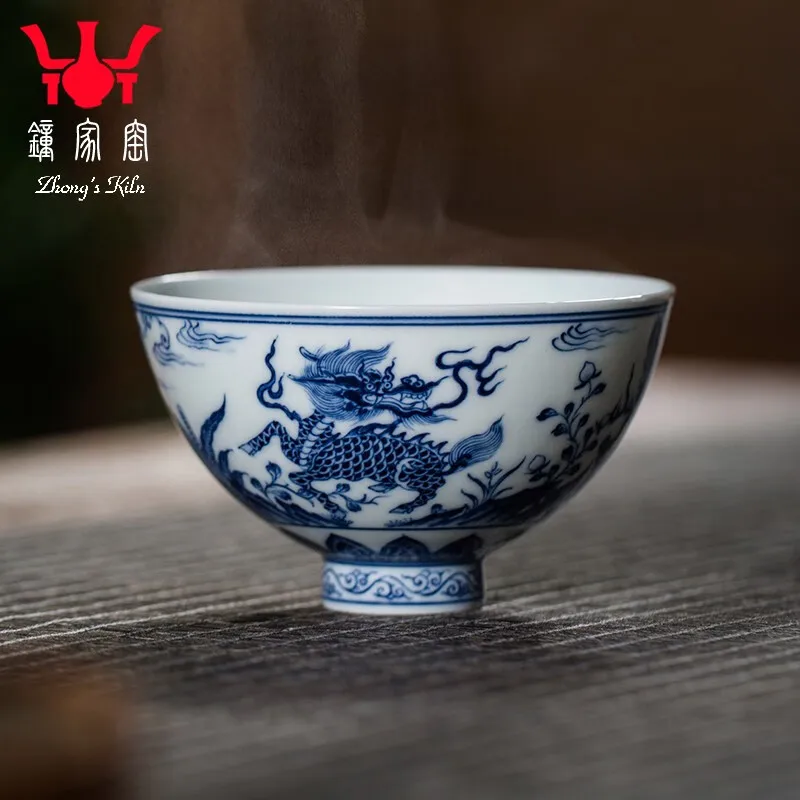 Zhongjia Kiln Ceramic Cup Jingdezhen Tea Set Hand Painted Firewood Kiln Blue and White KIRIN Blessing Chicken Hearts Cup Kung Fu