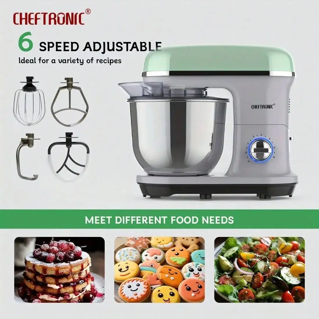 1pc CHEFTRONIC Stand Mixer, 5.2L Tilt-Head Electric Household food processors - 1500W 6+P Speed, home appliance, EC Plug