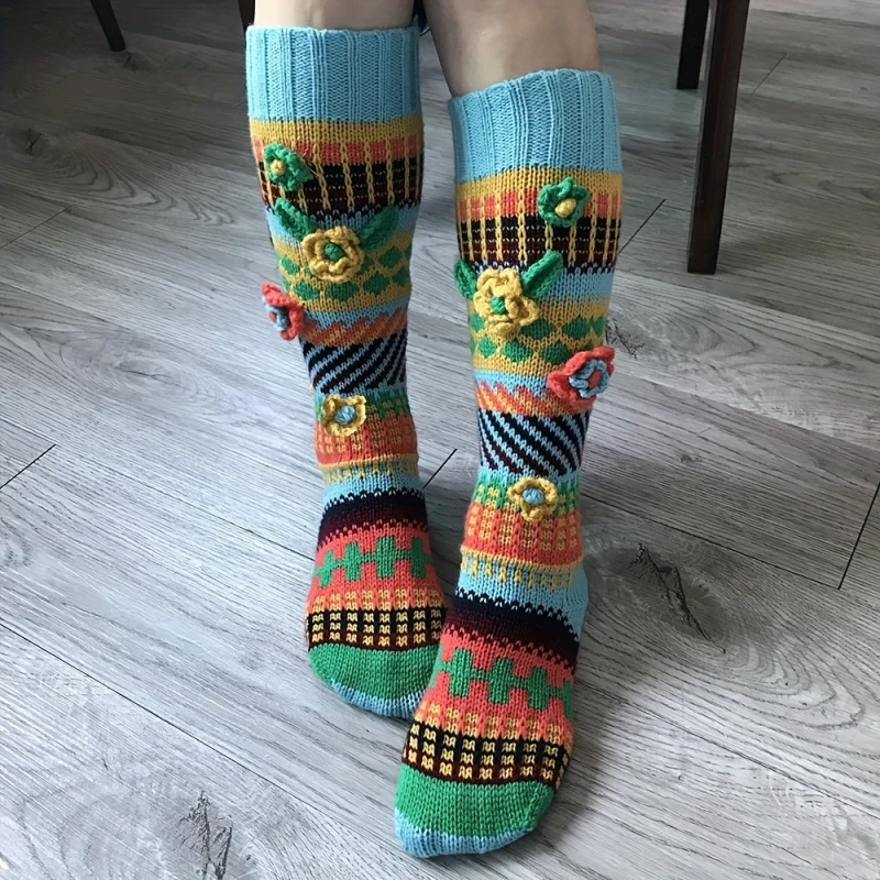 

Women's Handmade Crochet Floor Socks Mid-Calf Colorful Fair Isle Long Stockings Autumn Winter Non-Slip Home Slipper Wear